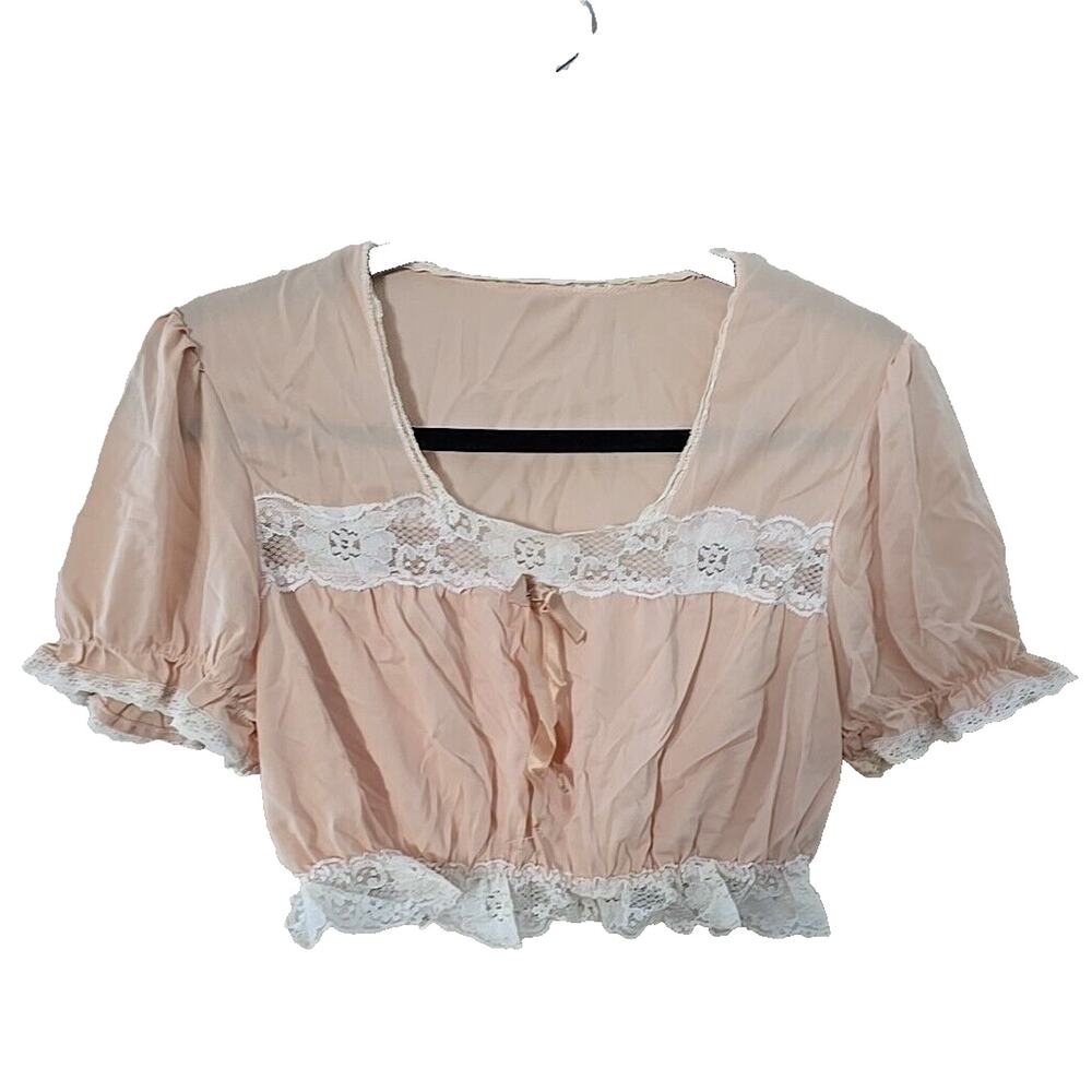Womans Peach‎ Lace Trim Coquette Cottagecore Short Sleeve Crop Top Size Small